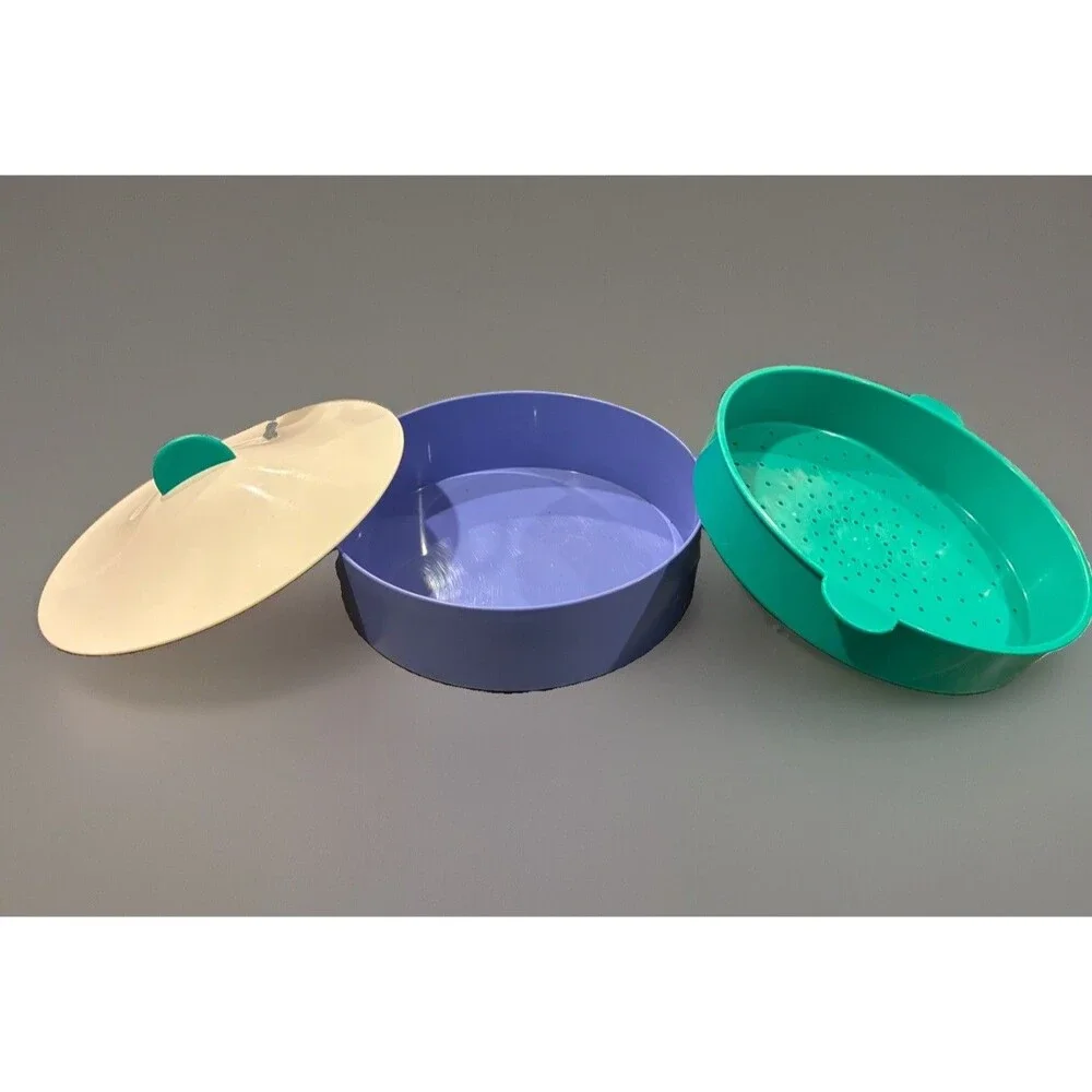 Tupperware Vintage 3-Piece Microwave Steamer Purple, White, And Teal Colors.